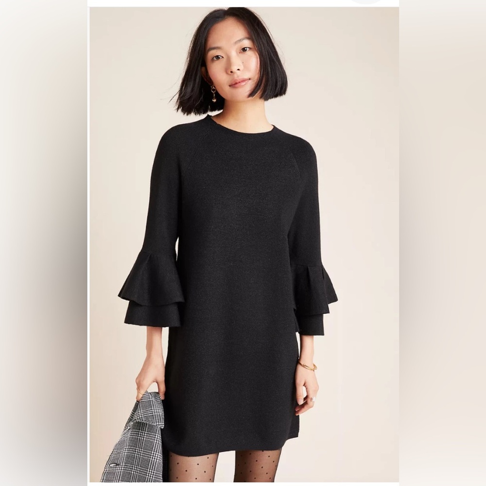 Anthropologie Black Ruffle-Sleeve Long Sleeve Dress